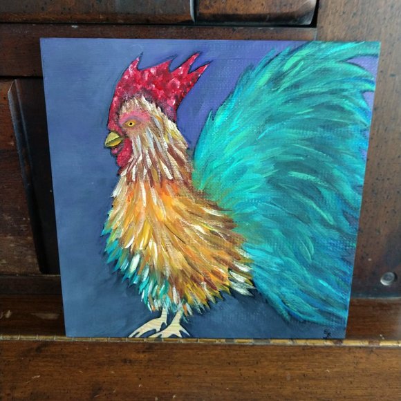 Handmade Painting Of A Rooster On 8x8 Wooden Square Canvas Hand Painted Chicken - Picture 11 of 16